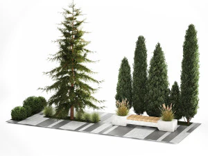 Jardim de thuja e ciprestes com arbustos 1156 Modelo 3D