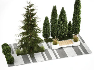 Jardim de thuja e ciprestes com arbustos 1156 Modelo 3D