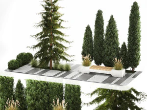 Jardim de thuja e ciprestes com arbustos 1156 Modelo 3D