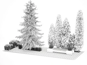 Jardim de thuja e ciprestes com arbustos 1156 Modelo 3D