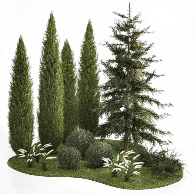 Garden of thuja and cypress trees with feather grass bushes 1160 3D मॉडल .c4d .max .obj .3ds .fbx .stl .blend 