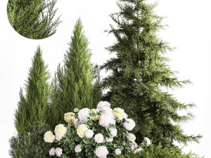 Garden Thuja Spruce Juniper And Hydrangea Bushes 1181 3D Model