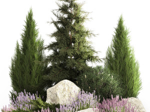 Alpine slide with thuja spruce lavender bushes and stones 1194 3D Model