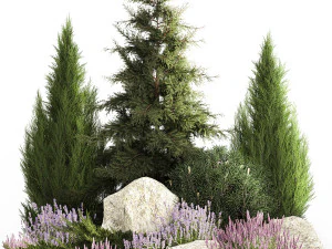 Escorrega alpino com arbustos e pedras de abeto thuja lavanda 1194 Modelo 3D
