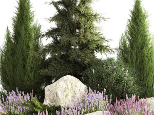 Alpine slide with thuja spruce lavender bushes and stones 1194 3D Модель