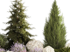Alpine slide with thuja spruce lavender bushes and stones 1195 3D 모델