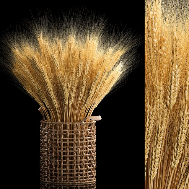 Decorative bouquet of ears of wheat in a wicker basket 285 3D Model .c4d .max .obj .3ds .fbx .stl .blend 