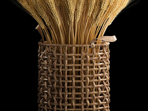 Decorative bouquet of ears of wheat in a wicker basket 285 3D Model