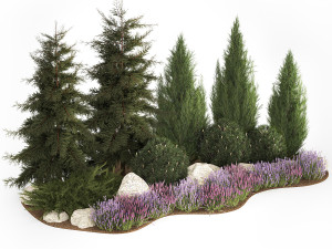 Alpine hill fir tree thuja juniper and lavender bushes 1206 3D Model