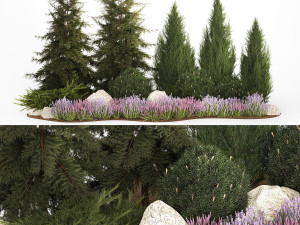 Alpine hill fir tree thuja juniper and lavender bushes 1206 3D Model