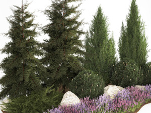 Alpine hill fir tree thuja juniper and lavender bushes 1206 3D Model