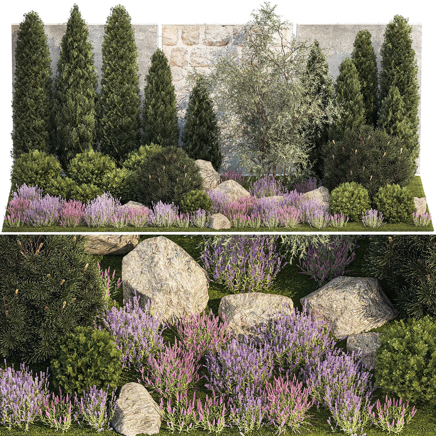 Garden with alpine slide bushes of thuja and lavender 1265 3D Model .c4d .max .obj .3ds .fbx .stl .blend 