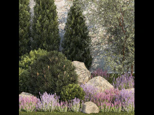 Garden with alpine slide bushes of thuja and lavender 1265 3D Model
