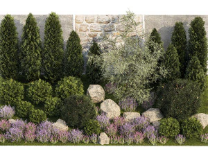 Garden with alpine slide bushes of thuja and lavender 1265 3D Model