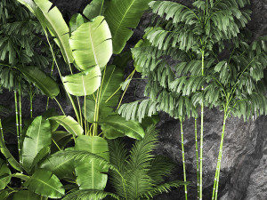 Tropical home garden with rock wall and black pebbles 1276 3D 模型