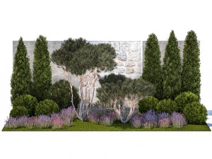 Garden with thuja trees and pine topiary lavender bushes 1314 3D Model