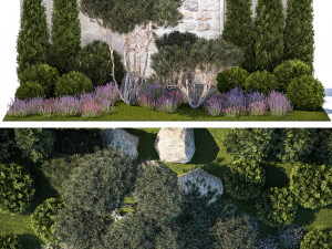 Garden with thuja trees and pine topiary lavender bushes 1314 3D Model