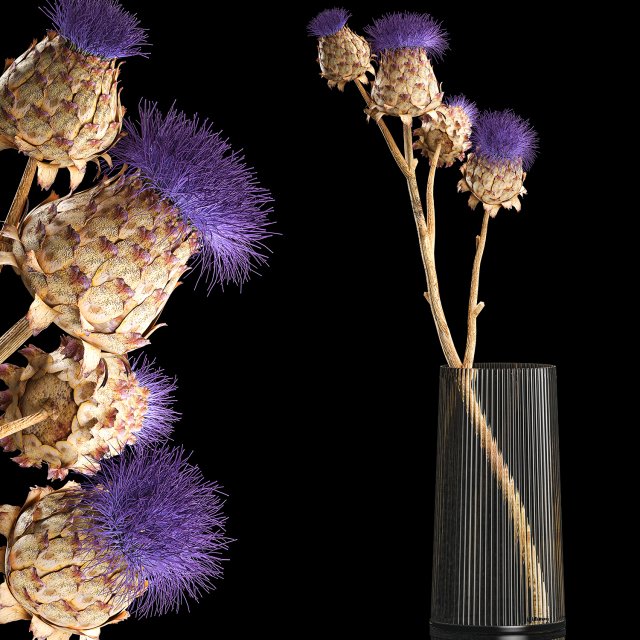 Beautiful bouquet of thistle dried flowers in a glass vase 290 3D 模型 .c4d .max .obj .3ds .fbx .stl .blend 