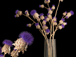 Magnifique bouquet de fleurs s&eacute;ch&eacute;es de chardon dans un vase en verre 291 Modèle 3D