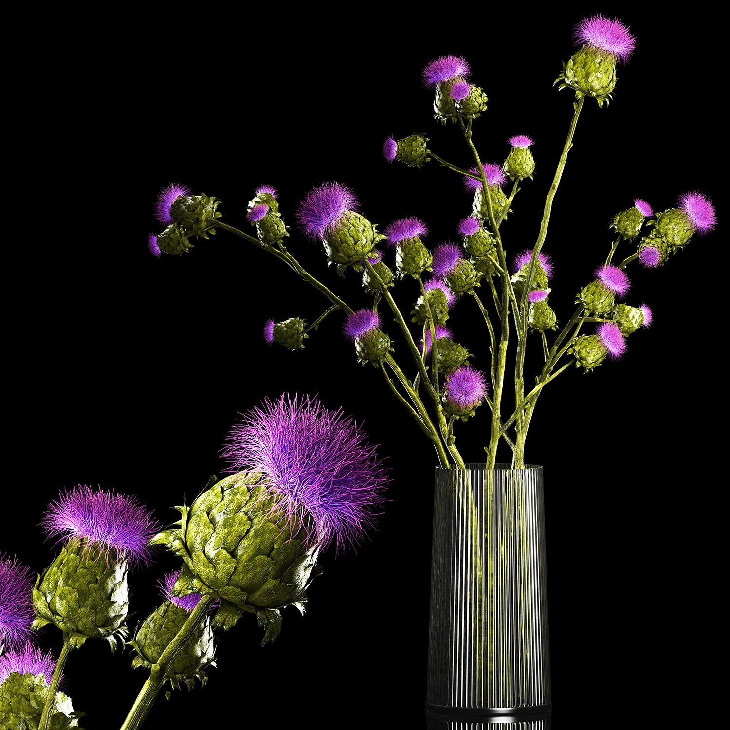 Beautiful bouquet of dried Thistle thorn flowers in a glass vase 292 3D Model .c4d .max .obj .3ds .fbx .stl .blend 