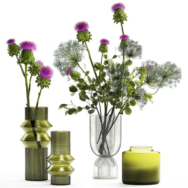 Beautiful bouquet of Heracleum thorn Thistle in a glass vase 294 3D 模型 .c4d .max .obj .3ds .fbx .stl .blend 