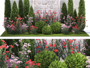 Lindo jardim com flores de thuja, cipreste e loendro 1370 Modelo 3D