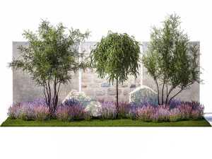 Beautiful garden with Olive Elaeagnus Lavender flowers 1372 3D Model