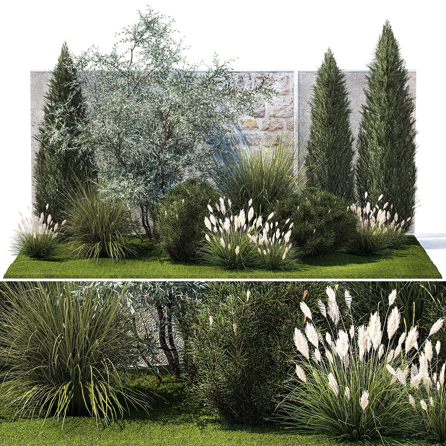 Jardim com pinheiro-oliva thuja cipreste e arbustos 1378 Modelo 3D .c4d .max .obj .3ds .fbx .stl .blend 