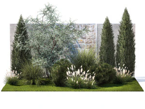 Jardim com pinheiro-oliva thuja cipreste e arbustos 1378 Modelo 3D