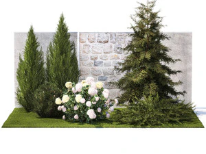 Garden with thuja cypress pine and Hydrangea white bushes 1379 3D Model
