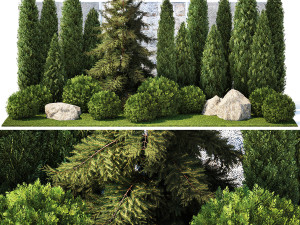 Garden with thuja cypress pine and topiary plant 1381 3D Model