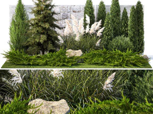 Jardin avec cypr&egrave;s thuya et roseau de la pampa 1383 Modèle 3D