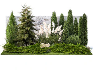 Garden with thuja cypress tree and pampas grass reed grass 1383 3D Model