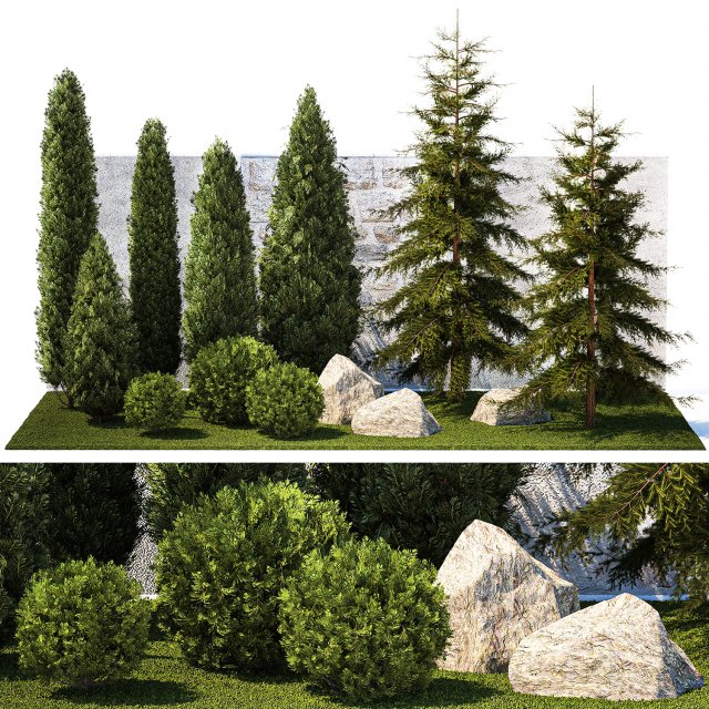 Garden with trees and bushes thuja cypress spruce and pine 1385 3D Модель .c4d .max .obj .3ds .fbx .stl .blend 