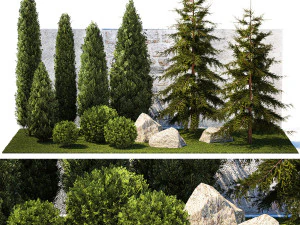 Ağa&ccedil; ve &ccedil;alılarla dolu bah&ccedil;e mazı, selvi, ladin ve &ccedil;am 1385 3D Model