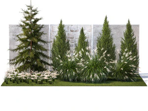 Garden trees thuja cypress spruce pine miscanthus 1387 3D Model