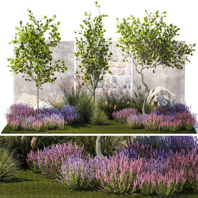 Garden with trees bushes lavender flowers feather grass 1388 3D Model .c4d .max .obj .3ds .fbx .stl .blend 
