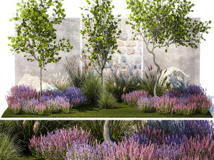 Jardin avec arbres buissons fleurs de lavande herbe &agrave; plumes 1388 Modèle 3D