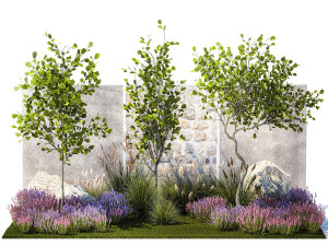 Garden with trees bushes lavender flowers feather grass 1388 3D Model