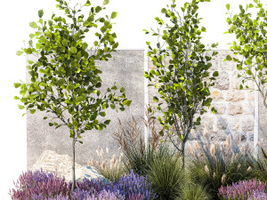 Garden with trees bushes lavender flowers feather grass 1388 3D Model
