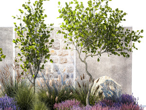 Garden with trees bushes lavender flowers feather grass 1388 3D Model