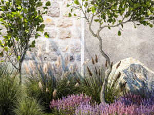 Garden with trees bushes lavender flowers feather grass 1388 3D Model