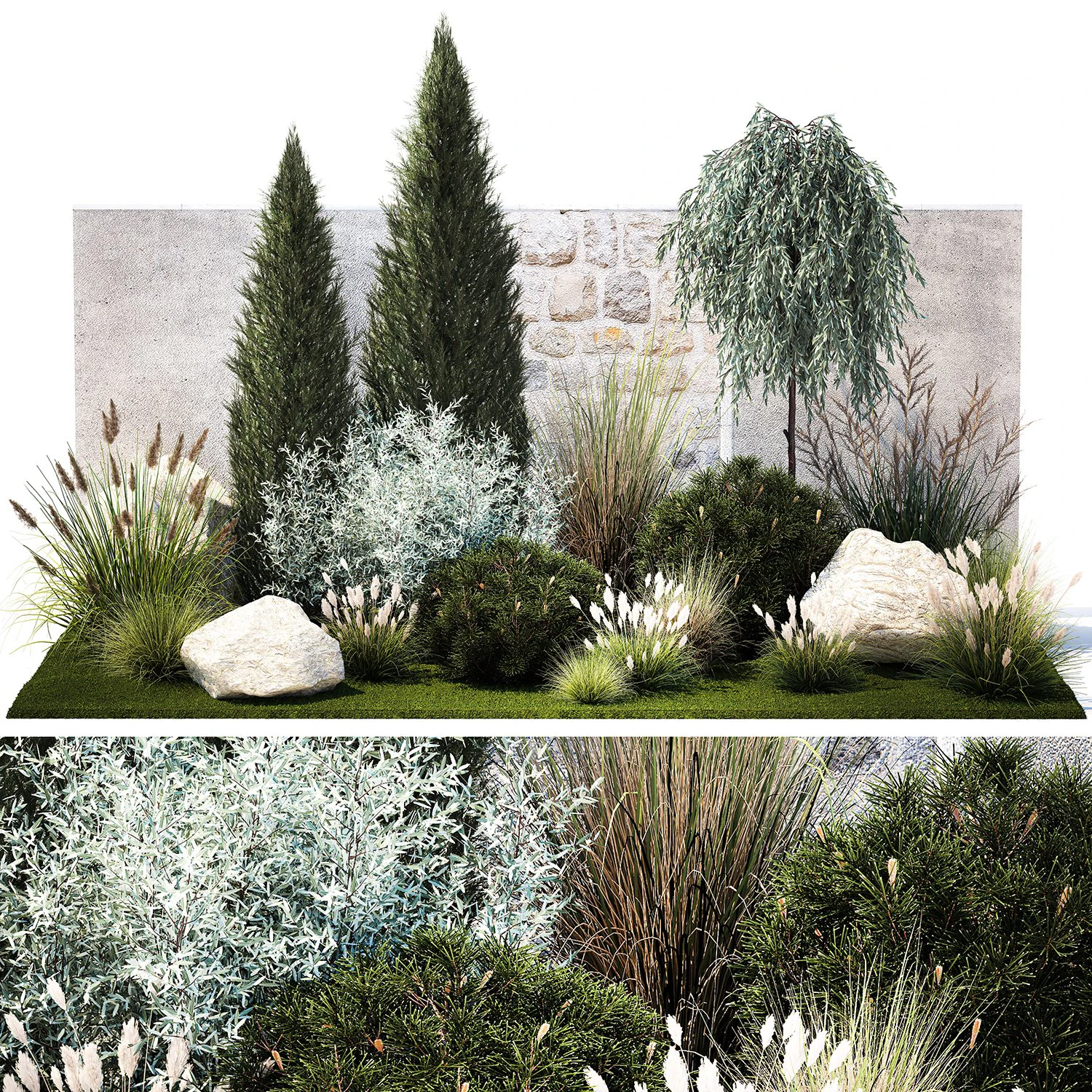 Garden with trees thuja pine bushes olive feather grass grass 1390 3D Model .c4d .max .obj .3ds .fbx .stl .blend 