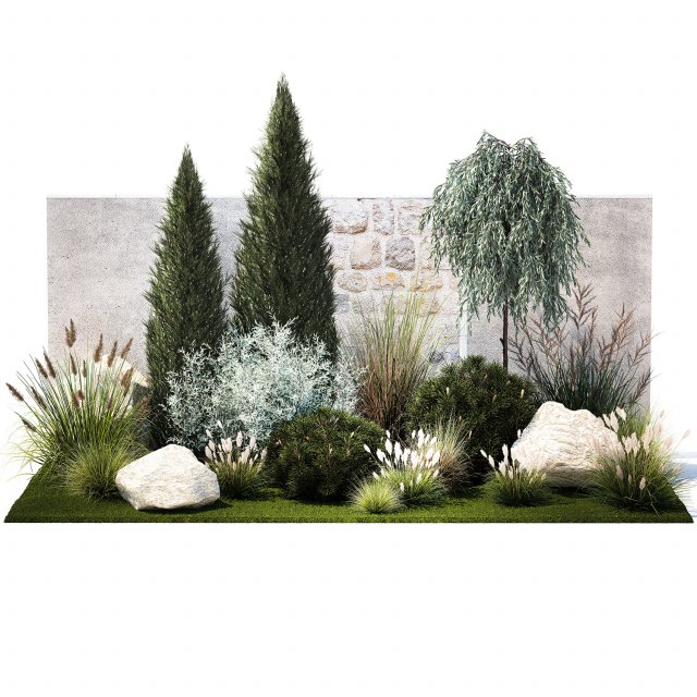 Garden with trees thuja pine bushes olive feather grass grass 1390 3D Model