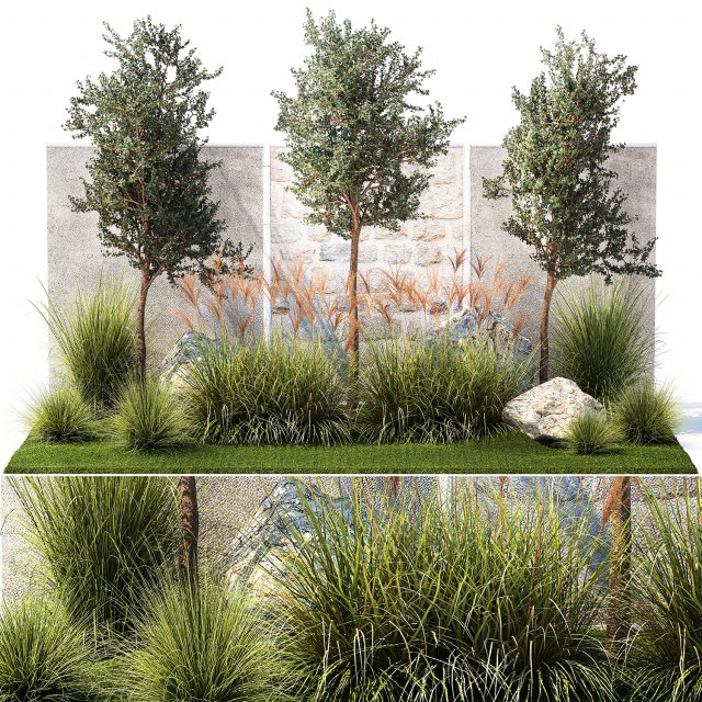 Garden with trees and grass bushes Miscanthus reed grass 1391 Modelo 3D .c4d .max .obj .3ds .fbx .stl .blend 