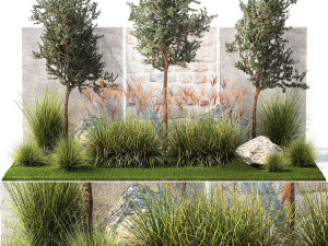 Garden with trees and grass bushes Miscanthus reed grass 1391 3D मॉडल