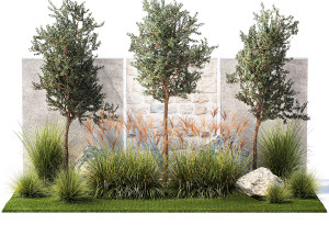 Garden with trees and grass bushes Miscanthus reed grass 1391 Modelo 3D