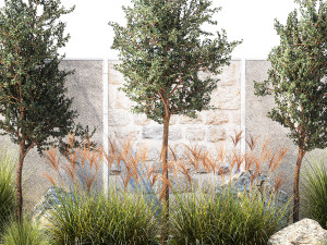 Garden with trees and grass bushes Miscanthus reed grass 1391 Modelo 3D
