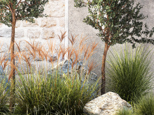 Garden with trees and grass bushes Miscanthus reed grass 1391 Modelo 3D