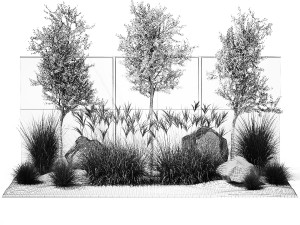 Garden with trees and grass bushes Miscanthus reed grass 1391 Modelo 3D